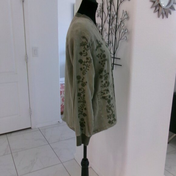 Olive Army Green Boho Embroidered Lightweight Jacket Zip Front Pockets M Love 8 - Picture 3 of 11
